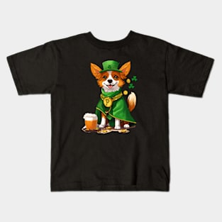 "Corgi in St. Patrick's Day costume with gold coins and clover." Kids T-Shirt